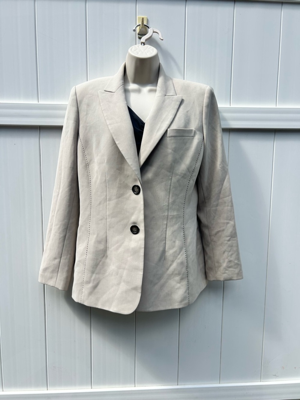 Kasper Beige Two-Button Tailored Blazer with Black Topstitching | Size 8